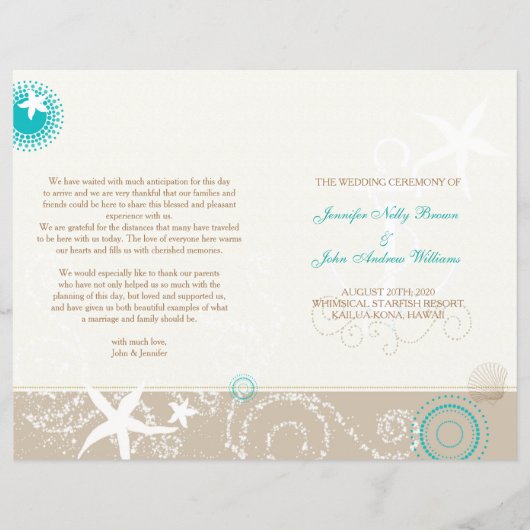 タウペアイボリーアクアビーチ結婚式バイフォールドプログラム (正面)