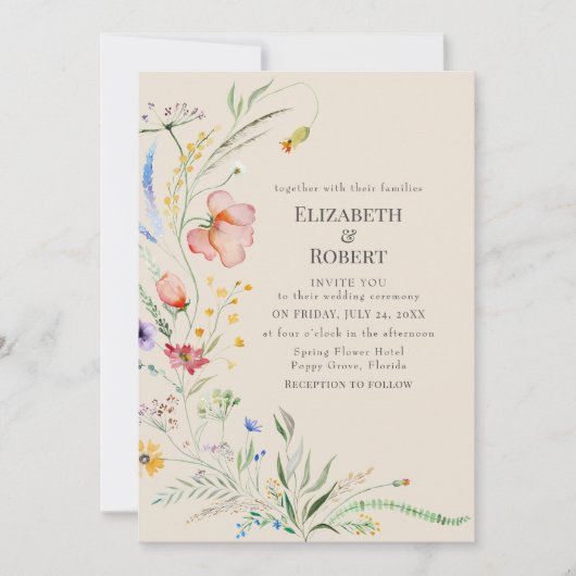タウペウウォーターカラーワイルドフラワー結婚式招待状 招待状 (正面)
