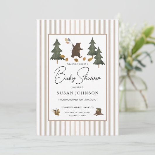 タウペタンブラウンウッドランドベア男の赤ちゃんシャワー 招待状 (スタンド正面)
