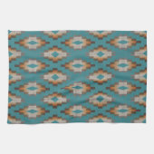 タウペブラウンブルーティール(緑がかった色)オレンジトライバルアートパターン キッチンタオル (横)