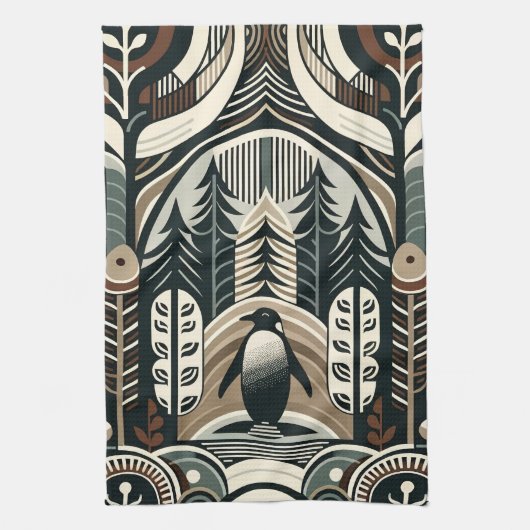 タウペモチャアイボリーペンギンの森と円弧木 キッチンタオル (縦)