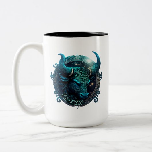 タウラスティール（緑がかった色）とブラックウォーター色〔占星術の〕十二宮図 ツートーンマグカップ (左)