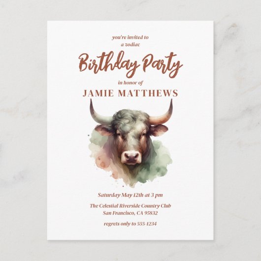 タウラスブル〔占星術の〕十二宮図をテーマにした誕生日パーティー インビテーションポストカード (正面)