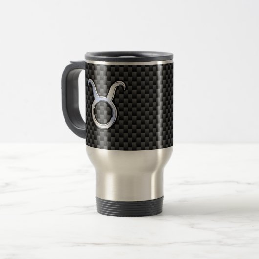 タウラス〔占星術の〕十二宮図サインオンブラックカーボンファイバープリント トラベルマグ (正面左)