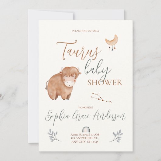 タウラス〔占星術の〕十二宮図サイン赤ちゃんシャワー 招待状 (正面)