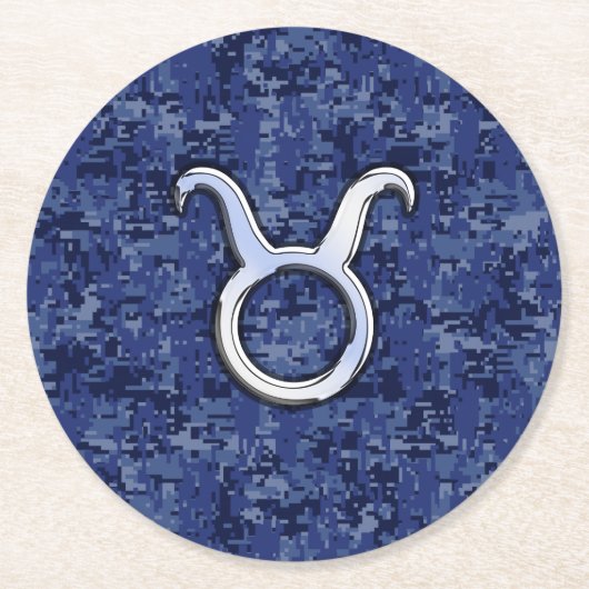 タウルス〔占星術の〕十二宮図サインオンネイビーブルーデジタルカモフラージュ ラウンドペーパーコースター (正面)