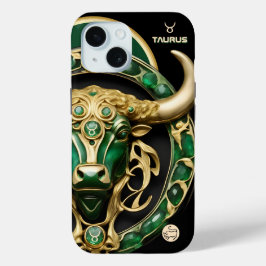 タウロス・ブル、エメラルドと金ゴールド パーソナライズされた iPhone 15ケース