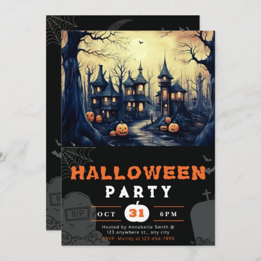 タウン不気味ハウズ幽霊のよく出るパンプキンスハロウィーン 招待状 (正面/裏面)