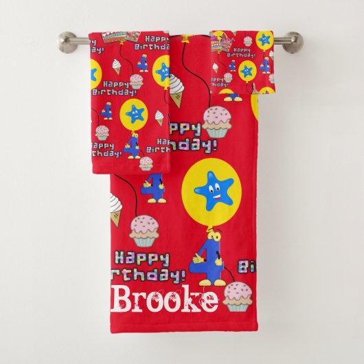 タオルのセット#4幸せ4歳の誕生日レッド バスタオルセット (インサイチュ)