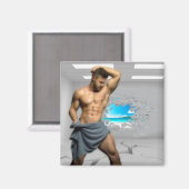 タオルの白い部屋の筋肉に滑りやすいジョーの男 マグネット (正面/裏面)