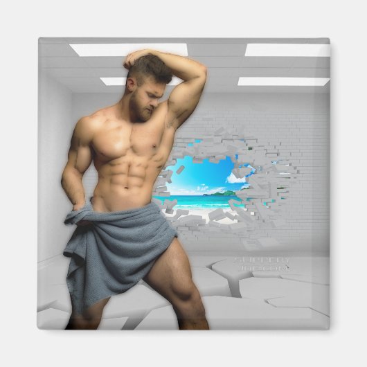 タオルの白い部屋の筋肉に滑りやすいジョーの男 マグネット (正面)