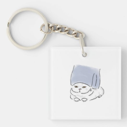 タオルを巻いてピアスをしたかわいい猫の手描きイラスト キーホルダー (正面)
