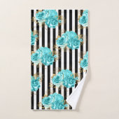 タオルセットアクアブルーフローラブラックVert.ストライプ バスタオルセット (ハンドタオル)