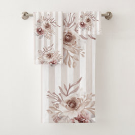 タオルセットニュートラルブラウンズフローラバー。ホワイトストライプ バスタオルセット