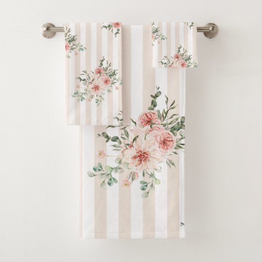 タオルセット赤面ピンクフローラバート。白ストライプ色 バスタオルセット (インサイチュ)