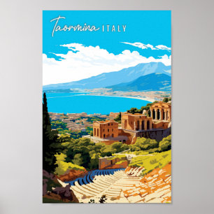 タオルミナイタリアヴィンテージ旅行イラストレーション ポスター