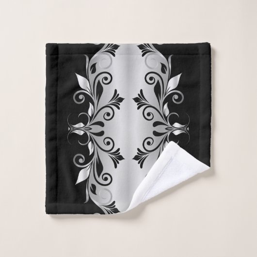 タオル – 黒と銀の花模様 (ウォッシュタオル)