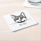 タキシドキャットハパーソナライズされたンドスケッチ スクエアペーパーコースター (アングル)