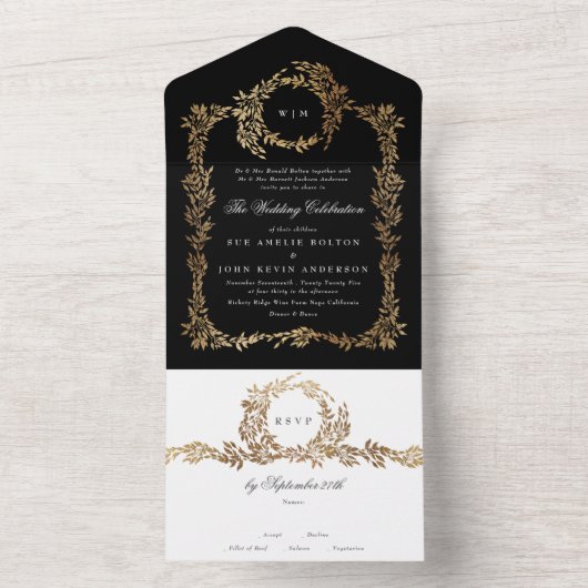 タキシドブラック金ゴールド植物学クラシックリース結婚ズ オールインワン招待状 (内側)