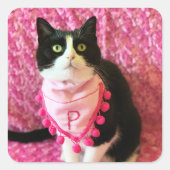 タキシードかわいらし猫のステッカーにピンクの桃を使う スクエアシール (正面)