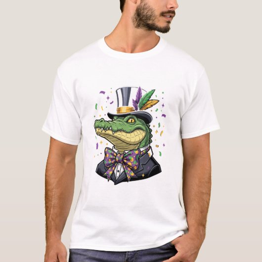 タキシードとトップハットを着たおしゃれなマルディグラのワニ Tシャツ (正面)