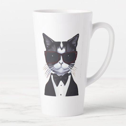 タキシードとバウのネクタイをした白黒猫 カフェラテマグ (右)