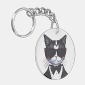 タキシードとバウのネクタイをした白黒猫 キーホルダー (正面左)