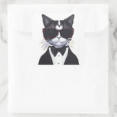 タキシードとバウのネクタイをした白黒猫 スクエアシール (バッグ)