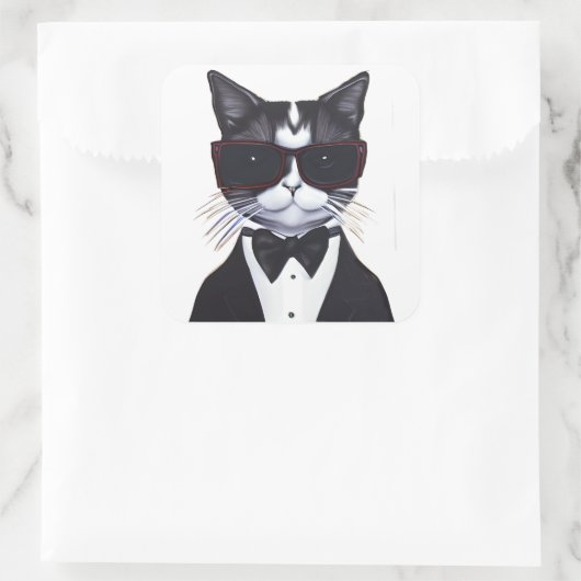 タキシードとバウのネクタイをした白黒猫 スクエアシール (バッグ)