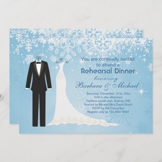 タキシードのガウンの雪片のリハーサルの夕食の招待状 招待状 (正面/裏面)