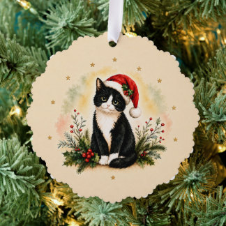 タキシードのクリスマス猫のサンタ帽子 オーナメントカード