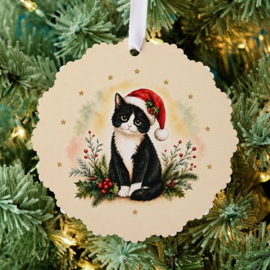 タキシードのクリスマス猫のサンタ帽子 オーナメントカード (インサイチュ (木))