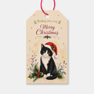 タキシードのクリスマス猫のサンタ帽子 ギフトタグ