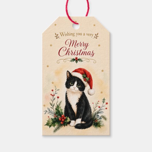 タキシードのクリスマス猫のサンタ帽子 ギフトタグ (正面)