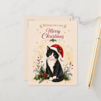 タキシードのクリスマス猫のサンタ帽子 シーズンポストカード