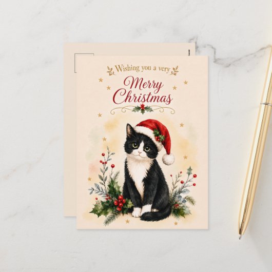 タキシードのクリスマス猫のサンタ帽子 シーズンポストカード (正面/裏面インサイチュ)