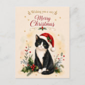 タキシードのクリスマス猫のサンタ帽子 シーズンポストカード (正面)