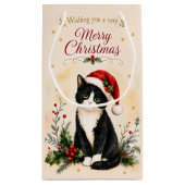 タキシードのクリスマス猫のサンタ帽子 スモールペーパーバッグ (裏面)