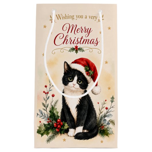 タキシードのクリスマス猫のサンタ帽子 スモールペーパーバッグ (正面)