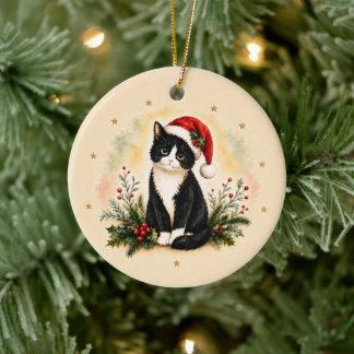 タキシードのクリスマス猫のサンタ帽子 セラミックオーナメント