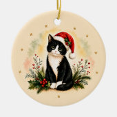タキシードのクリスマス猫のサンタ帽子 セラミックオーナメント (正面)
