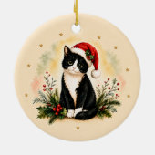 タキシードのクリスマス猫のサンタ帽子 セラミックオーナメント (裏面)