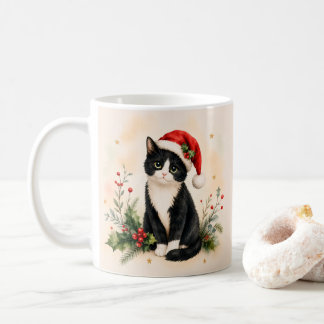 タキシードのクリスマス猫サンタ帽子 コーヒーマグカップ