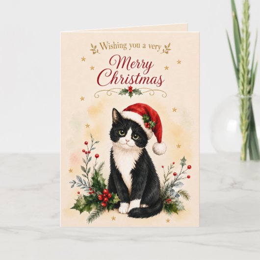 タキシードのクリスマス猫サンタ帽子 シーズンカード (正面)