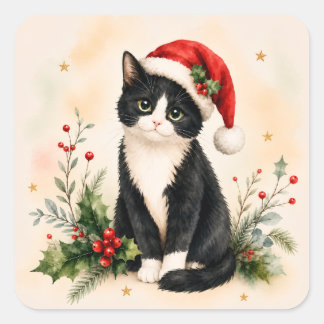 タキシードのクリスマス猫サンタ帽子 スクエアシール