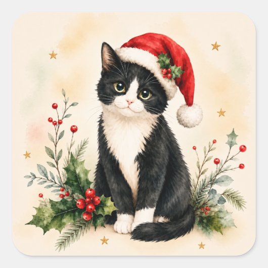 タキシードのクリスマス猫 サンタ帽子 スクエアシール (正面)