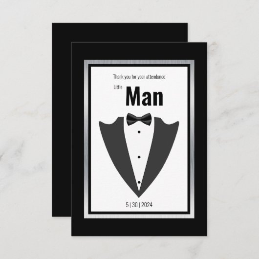 タキシードのスーツと蝶ネクタイ黒と白の招待 サンキューカード (正面/裏面)