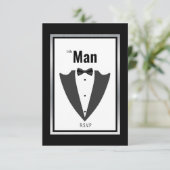 タキシードのスーツと蝶ネクタイ黒と白の招待 サンキューカード (スタンド正面)