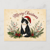タキシードのメリークリスマス ネコ サンタの帽子 シーズンポストカード (正面)