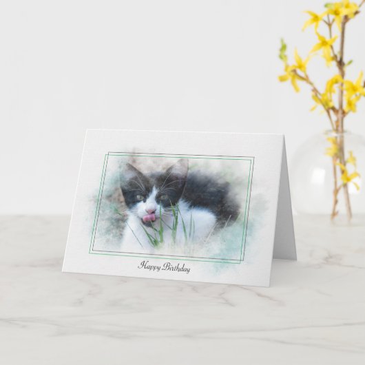 タキシードの子ユーモアのあるネコ誕生日 カード (黄色い花)